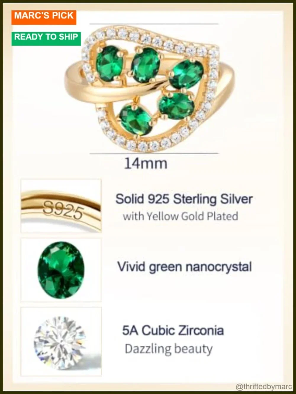 925 Sterling Silver Emerald Leaf Ring Stacking Women's Luxury Gift